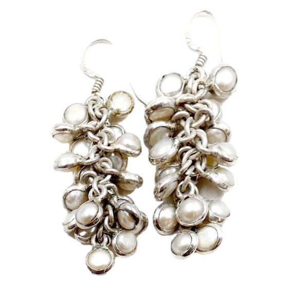 Vintage Jewelry - Vintage Sterling Silver Pearl Drop Dangle Cluster Earrings